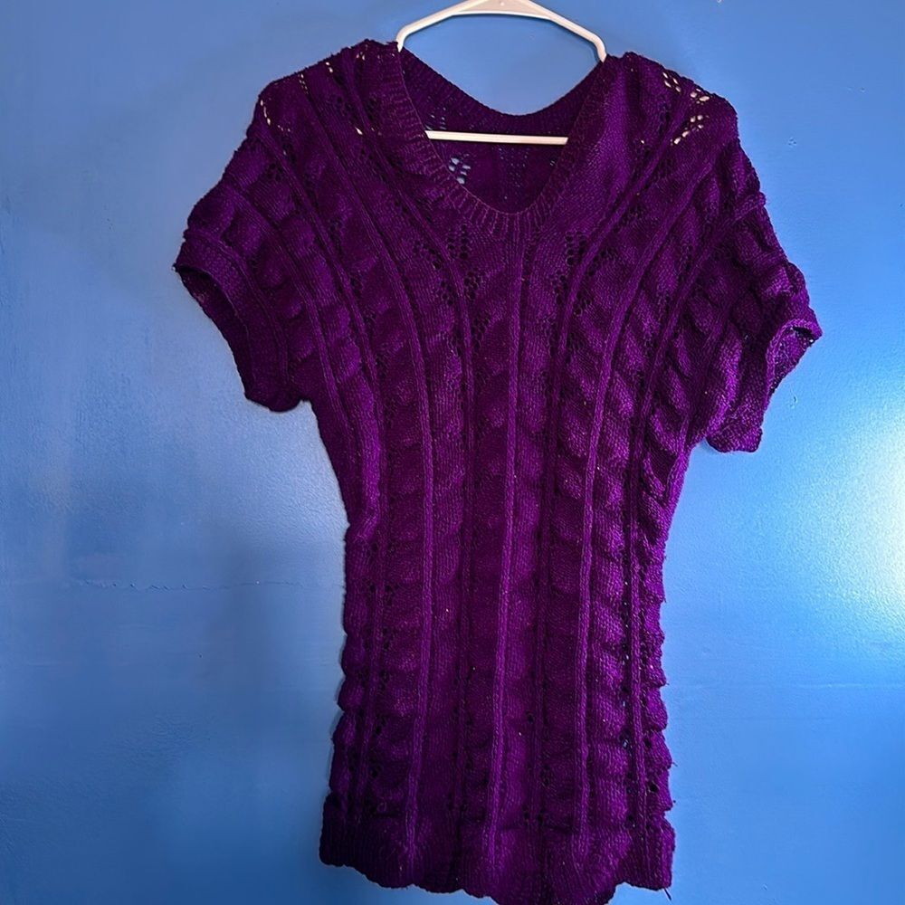 Purple Puff Stitch Pullover Sweater Women's Short Sleeve V-Neck Size L/XL
